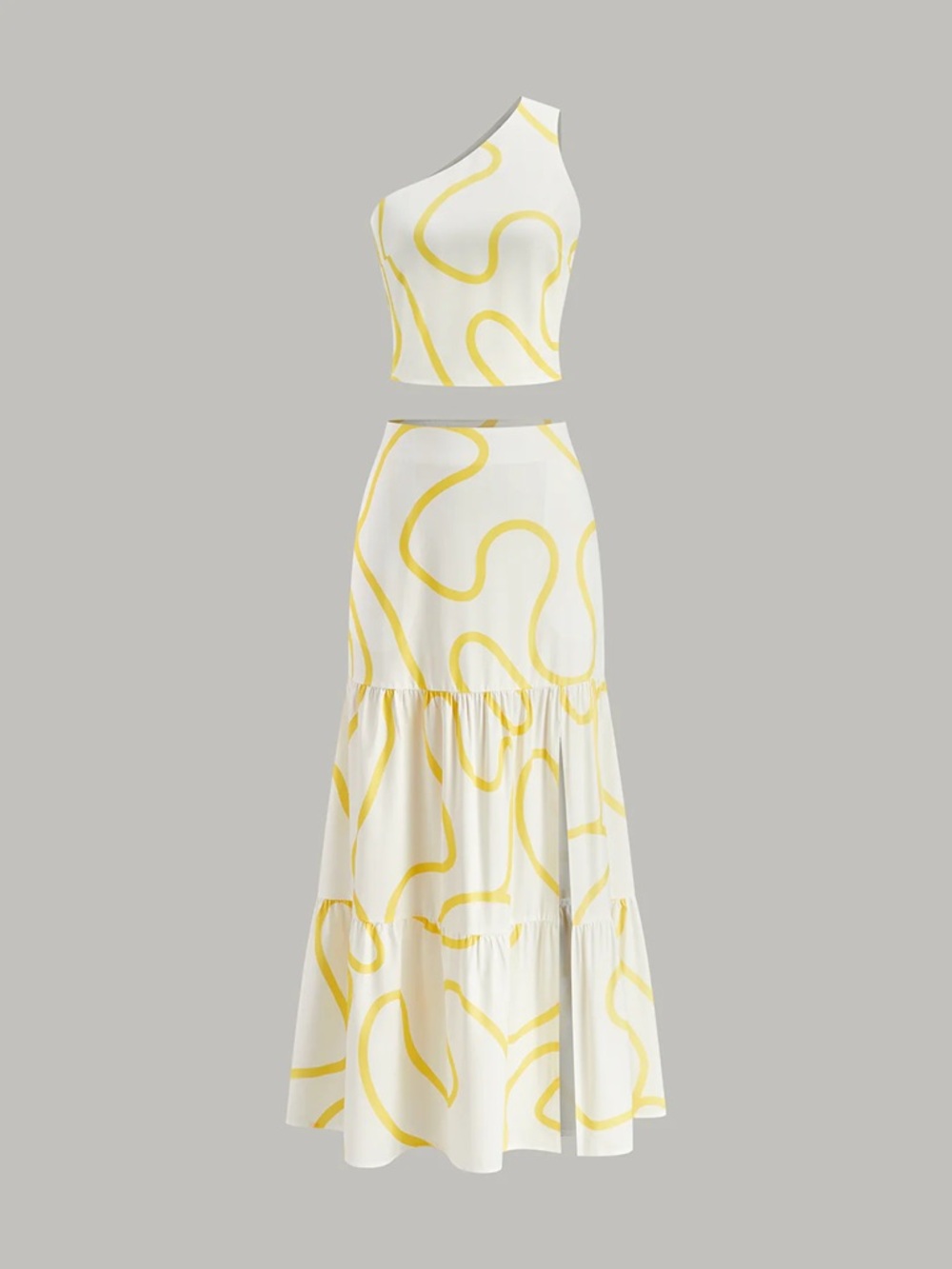 108 One-Shoulder Abstract Print Crop Top and Tiered Maxi Skirt Set